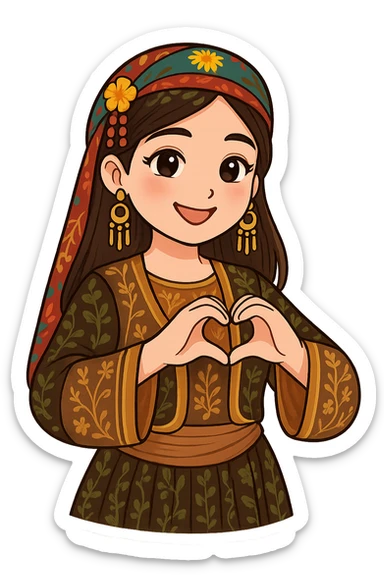 Kurdish cartoon sticker of the same woman in the new dress, hands making a heart shape, loving expression, no text, transparent background sticker