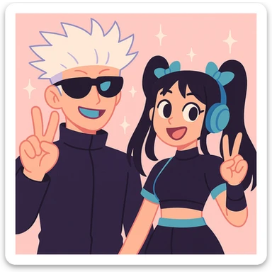 Gojo Satoru and his female protégé, both making peace signs, playful and energetic, Gojo with black shades and icy-blue eyes, protégé with long black hair, twin bows, cropped black top with cyan accents, blue headphones, sparkly background, in pastel toon style sticker