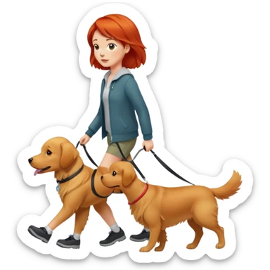 A girl with super short red hair walking a golden retriever sticker
