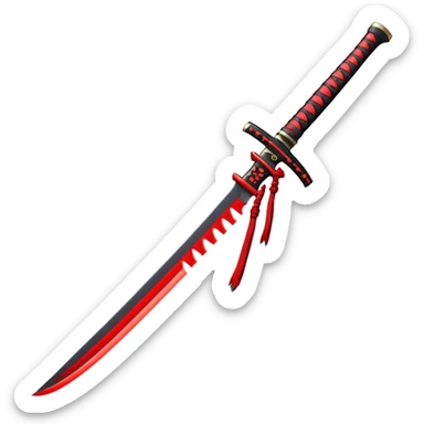 Katana with Oni design on the handle, glowing blade trail. sticker
