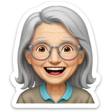 Old woman with long gray hair and glasses laughing out loud sticker