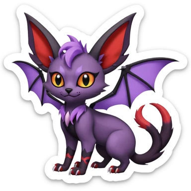 Black edgy Noivern-Noibat-Purloin-Torracat-Lykoi-Caracal-cat-Fakemon-fusion-hybrid-creature with with tufted ears, tufted tail, bat wings as ears, head wings, ear wings, vampiric, batty, violet and red scale markings sticker