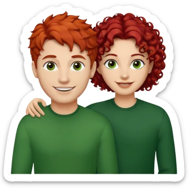 create a couple men with a red hair and browm eyes and woman with curly hair, black hair and green eyes sticker