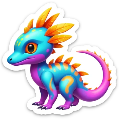 Exotic futuristic lush warm-colored neon tropical Fakémon-Fionbri-creature with cool-colored splash markings  sticker