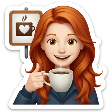 Excited long haired redhead drinking coffee with a sign in front saying GTSY sticker