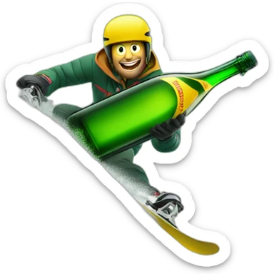 Man ski grinding over a giant green bottle of buckfast tonic wine with yellow label sticker