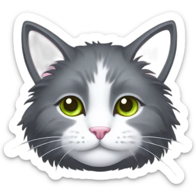 fluffy dark grey cat, short fur, small ears, pink nose, light green eyes, white long whiskers, white spots near the nose, white breast, the cat's fur is soft. sticker