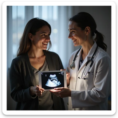woman with PCOS and doctor showing ultrasound or graphic of healthy oocytes, both smiling, atmosphere of hope and success, clinical environment, realistic photography sticker