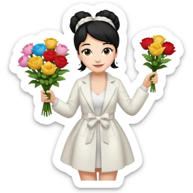 Chica blanca,cuerpo entero, vestido fiesta blanco ,manga larga ,con abrigo blanco ,pelo negro,    ramo de flores una mano, pelo recogido en moño alto sticker