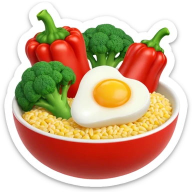 3D food emoji, glossy, smooth shapes, premium style,
broccoli, red bell pepper, rice bowl, chicken breast,
boiled eggs, vitamins bottle,
light warm background
 sticker