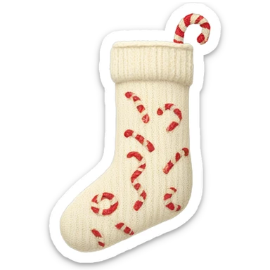 Cream colored knit stocking with candy canes inside sticker