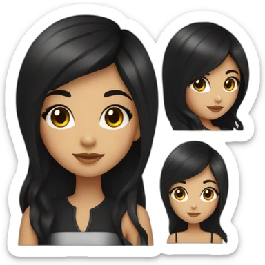 A girl not too white, not too brunette, with big straight black hair divided in the middle, with honey-colored eyes with a black dress with shine sticker