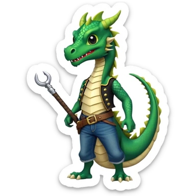 anthropomorphised dragon in a band t-shirt and jeans with a pirate eye-patch walking upright, relaxed pose sticker