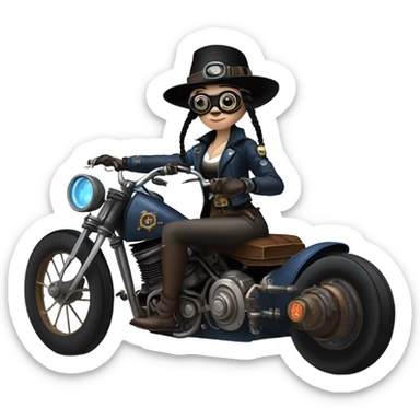 Bounty hunter Wednesday Addams Jedi wearing a pair of navy-blue rimmed steampunk goggles, hat, leather chaps, fringe jacket riding a relaxed sci-fi 3 wheeled steampunk rat rod motorcycle with large fenders and saddlebags in desert town  sticker