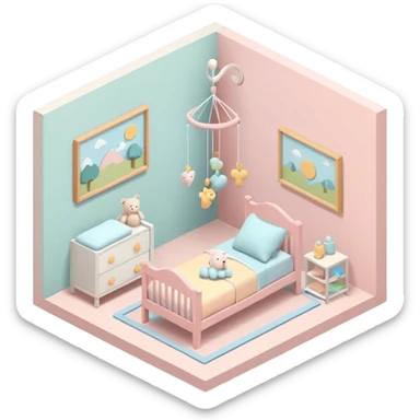 isometric baby room, Nursery with pastel walls and hanging mobile sticker