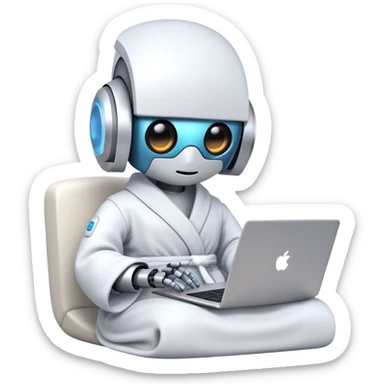 Emoji of a remote-working robot in a cozy smooth bathrobe with a laptop. The robot has a sleek helmet-like head with LED digital eyes. Relaxed yet high-tech vibe. sticker
