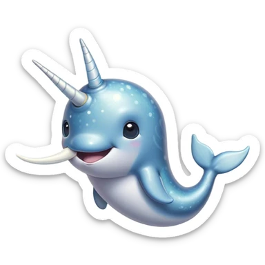 Cinematic Cute Narwhal Portrait Emoji, Head tilted playfully and inquisitively, showcasing a sleek, streamlined body with subtly iridescent, mottled gray skin and a prominently spiraled ivory tusk, complemented by round, sparkling eyes full of gentle wonder, Simplified yet irresistibly adorable features, highly detailed, glowing with a warm, friendly arctic glow, high shine, affectionate and lively, stylized with a touch of whimsical marine charm, soft glowing outline, capturing the essence of a mischievous yet loving narwhal that seems as if it could frolic out of the screen into your heart! sticker