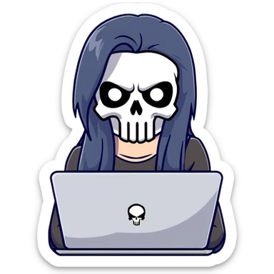 girl Punisher skull with straight long black hair typing on laptop sticker