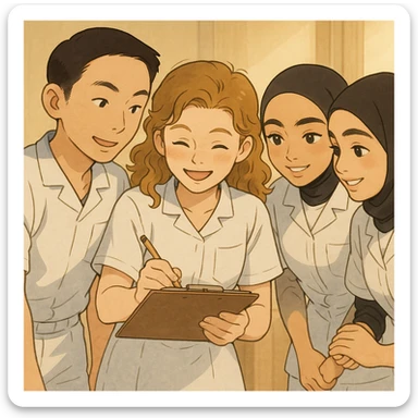 Même scène, mais avec une lumière douce et des expressions joyeuses, style Ghibli, uniformes blancs à manches courtes, col en V, poche poitrine gauche, pas de col ni stéthoscopes, pas de tissus sous les manches. Collaboration visible entre les quatre étudiants infirmiers. sticker