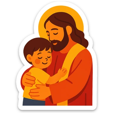 Jesus hugging a child, warm tones, soft shading sticker
