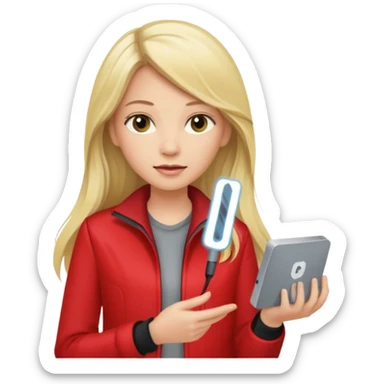 mujer  joven rubia con pelo largo y saco rojo con modem de internet sticker