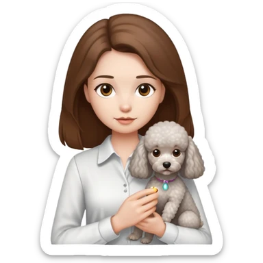 A girl with long straight hair and a white shirt is holding a small light gray poodle sticker