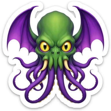 deep green Cthulhu with purple bat wings and purple gradient tentacles. Yellow angry eyes. yellow suckers on tentacles. dramatic ominous shading. two saber-teeth sticker
