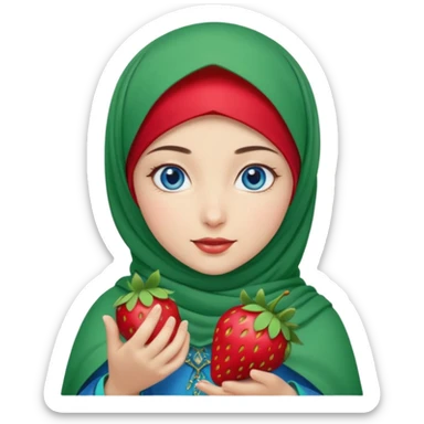 Turkish beautiful finish Konya girl blue eyes with red light green hijab islamic dress and had on her hand strawberry  sticker
