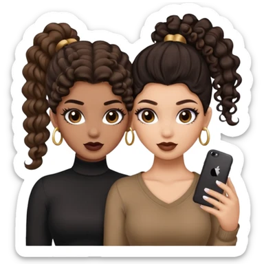 Boujy baddie best friends, trendy heavy makeup both dark hair one light skinned and one mocha brown with curls and one with ponytail sticker