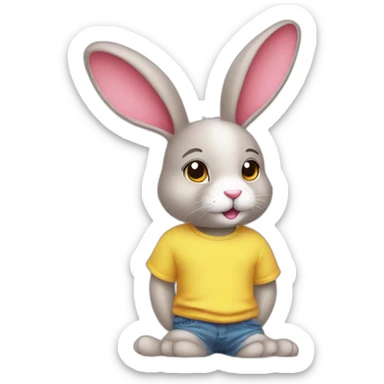 rabbit pink, pull ears, wears teeshirt yellow sticker