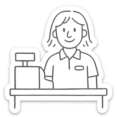 Gender-neutral cashier with shoulder-length hair, standing behind a cashier desk, smiling, wearing a neutral-colored uniform sticker
