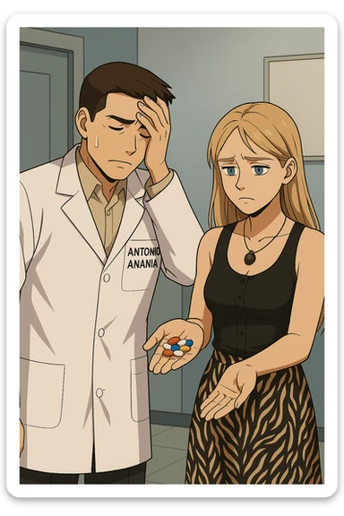 fai un webtoon/manga a colori con questo kinesiologo in camice bianco (fagli la scritta "ANTONIO ANANIA" SUL CAMICE) CHE PARLA CON QUESTA RAGAZZA CON GLI OCCHI AZZURRI. LA RAGAZZA HA UN PUGNO DI INTEGRATORI IN MANO (TANTE PILLOLE DIVERSE) E LE GUARDA DUBBIOSA. IL KINESIOLOGO CON IL CAMICE BIANCO SI TIENE UNA MANO SULLA FRONTE SCONFORTATO MENTRE LE DICE CHE STA SBAGLIANDO A PRENDERE TUTTI QUEGLI INTEGRATORI. NON FARE I FUMETTI, FAI SOLO LORO COME SE DIALOGASSERO sticker