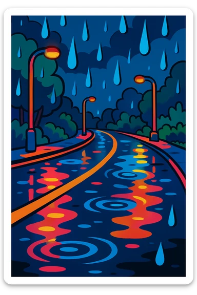 a rainy road with wet reflections and raindrops in vibrant toon style sticker