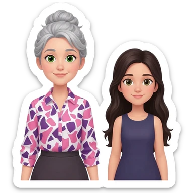 MUJER MAESTRA, PELO GRIS, MOÑO INFORMAL DESPEINADO, OJOS VERDES CARA OVALADA Y BABI DE MAESTRA CUADROS ROSAS/GRANATE/BLANCOS CON NIÑA MORENA PELO LARGO sticker