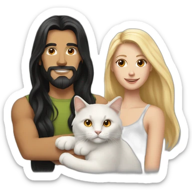 A white man with long black hair, Blonde white woman holding an orange and white cat with long hair sticker