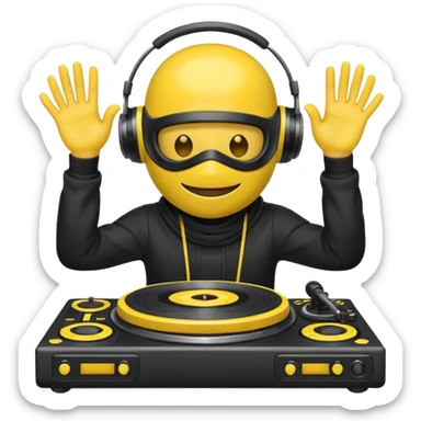 Make a customized yellow head emoji with hands and holding a dj turn table  in a  ninja face mask sticker