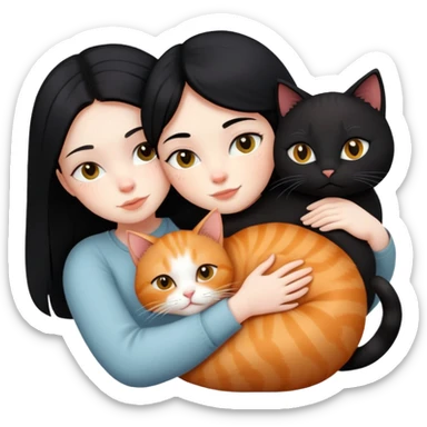 A black-haired girl hugs a ginger cat and A black cat sticker