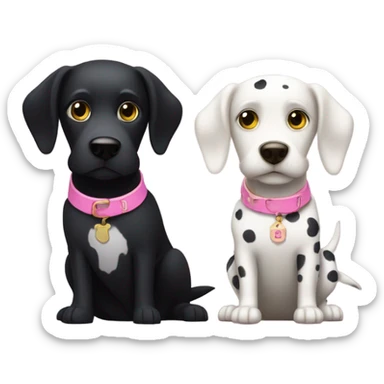 Black dog with white spotty legs and pink collar sitting next to bigger black dog with white legs and yellow collar sticker