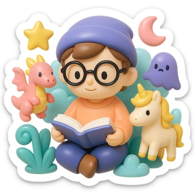 beginner author, surrounded by fantasy creatures and elements, looking imaginative, using a color palette of soft pastel colors with accents of gold and deep purple sticker