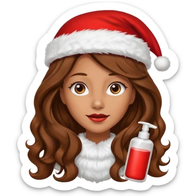 mujer peinandose en la peluqueria y con un gorro de navidad, cabello largo café y ondulado sticker