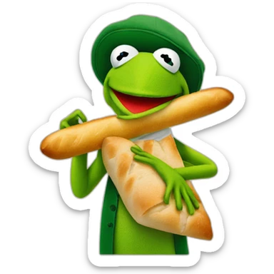 kermit the frog with a berret and a baguette sticker