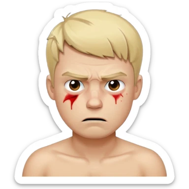a blond guy with a short haircut, a tired and angry face, no shirt, with bruises under his eyes, and signs of beatings on his body, in the dark sticker