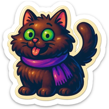 Fluffy cute derpy silly goofy funny dark-brown cat with green eyes and a purple scarf  sticker