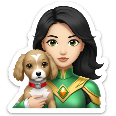 female green power ranger with wasian features, long black hair, and a fully light brown cockapoo dog at her side sticker