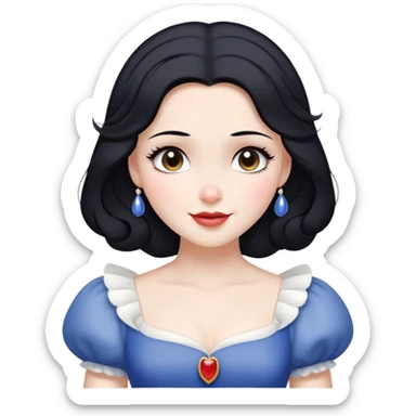 Cinematic Radiant Snow White Portrait Emoji, rendered in a realistic, vector style with clean proportions. Show Snow White with a soft, welcoming smile, delicate porcelain skin, and neatly arranged raven hair, wearing her timeless dress. The image radiates a warm, inviting glow, high shine, and is enhanced by a soft glowing outline that accentuates her gentle beauty. sticker