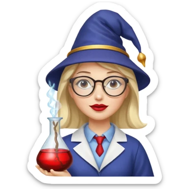woman scientist with glasses, wearing wizard hat custome, with glass vase, red sticker