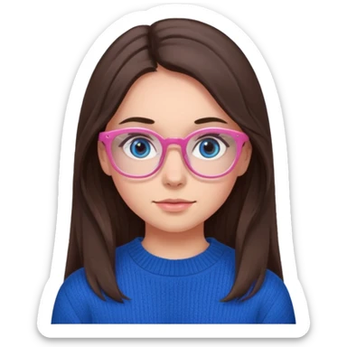 brunette girl whit blue sweater, long hair, brown eyes, pink eyeglasses  sticker