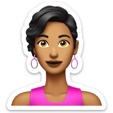 Tanned woman with black hair wearing 1980s style neon outfit and hair sticker