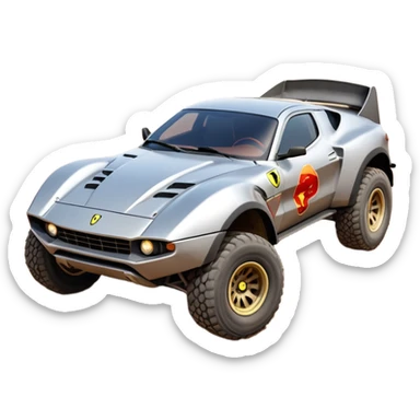 Satan’s Ferrari -colored Dirty and dented Local Motors Rally Fighter off road race car hot rod trophy truck-style basher flying on a dusty road (silver wheels) sticker