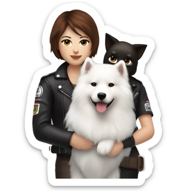 Girl biker white skin and brown short hair with a agv black helmet hugging a white Samoyed sticker